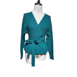 Zessica Green Long Sleeve Low Plunging Sexy Ruffled Belted Wrap Sweater Small